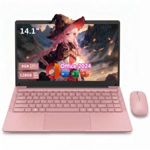 14.1" Laptop with Rechargeable Silent Mouse, Office 2024, 4-Core Intel Celeron CPU, 8GB RAM 128GB SSD, HD Display, WiFi 5, BT 5.0, Webcam, Pink Laptop Computer for Study, Homework & Daily Tasks