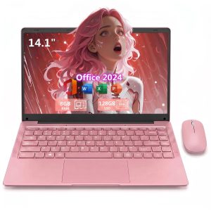 14.1" Pink Laptop for Students & Daily Use, Includes Rechargeable Silent Mouse, Office 2024, 4-Core Intel Celeron 3700 CPU, 8GB RAM, 128GB SSD, HD Screen, WiFi 5, BT 5.0 & Webcam