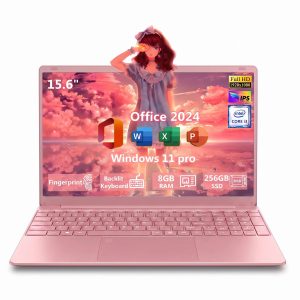 15.6" Pink Laptop computer, Office 2024, Windows 11 Pro, 8GB RAM 256GB SSD, Intel Core i3, IPS FHD, Backlit Keyboard, Fingerprint Reader, USB3.0 Webcam WiFi5, 180°Viewing, Student & Business Laptop