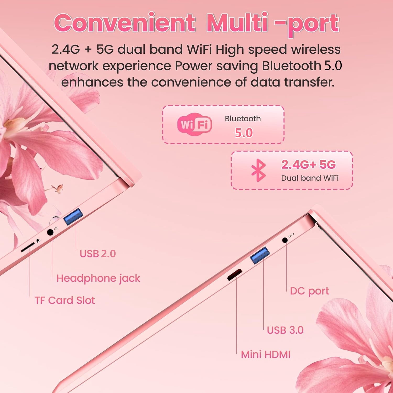 14.1" Pink Laptop Computer with Rechargeable Silent Mouse, Office 2024, 8GB RAM 128GB SSD, 4-Core Intel Celeron, HD Display Thin and Light Windows Laptop for study and work, Webcam Wi-Fi 5 BT5.0