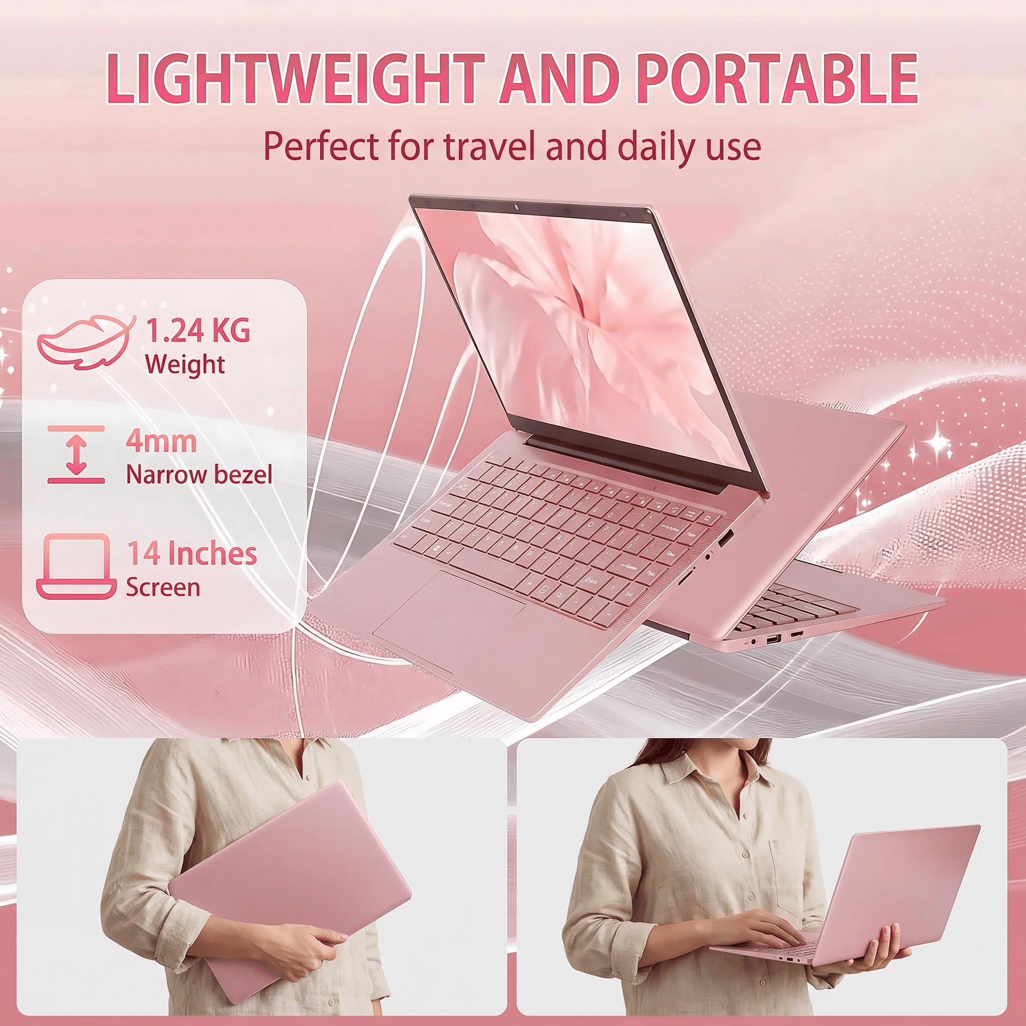 14.1" Pink Laptop Computer with Rechargeable Silent Mouse, Office 2024, 8GB RAM 128GB SSD, 4-Core Intel Celeron, HD Display Thin and Light Windows Laptop for study and work, Webcam Wi-Fi 5 BT5.0