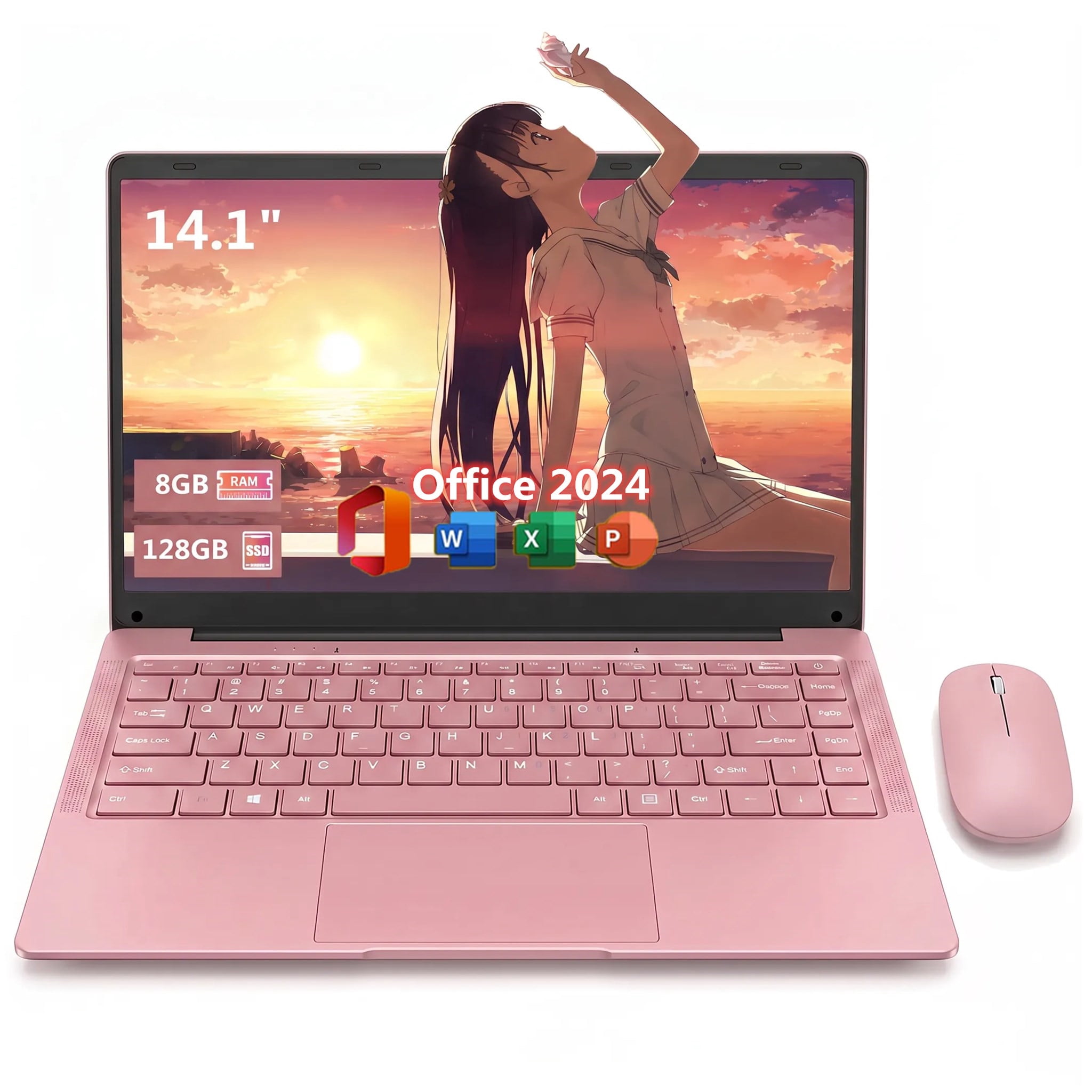 14.1" Pink Laptop Computer with Rechargeable Silent Mouse, Office 2024, 8GB RAM 128GB SSD, 4-Core Intel Celeron, HD Display Thin and Light Windows Laptop for study and work, Webcam Wi-Fi 5 BT5.0