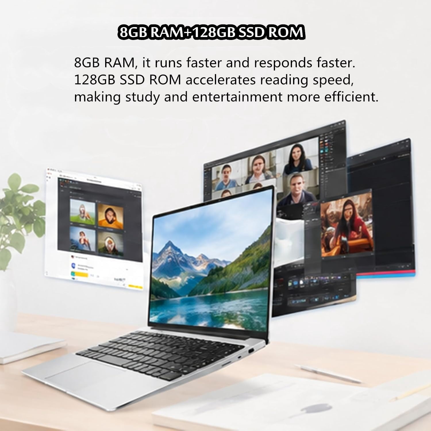 14.1" Silver Laptop for Students & Daily Use, Includes Rechargeable Silent Mouse, Office 2024, 4-Core Intel Celeron 3700 CPU, 8GB RAM, 128GB SSD, HD Screen, WiFi 5, BT 5.0 & Webcam