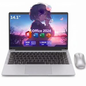 14.1" Silver Laptop for Students & Daily Use, Includes Rechargeable Silent Mouse, Office 2024, 4-Core Intel Celeron 3700 CPU, 8GB RAM, 128GB SSD, HD Screen, WiFi 5, BT 5.0 & Webcam