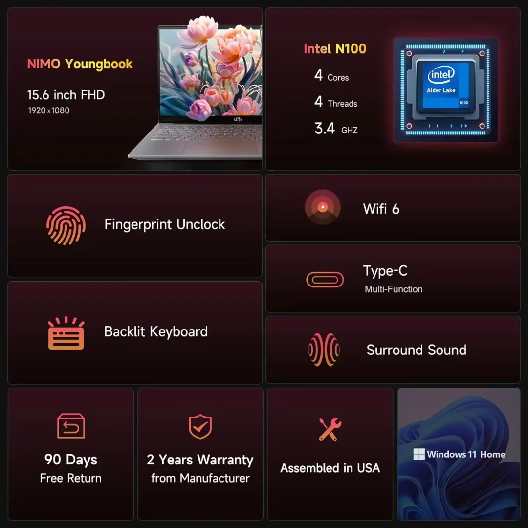 15.6'' FHD High-Performance RoseGold Laptop Computer, Intel N100 Processor (Up to 3.4GHz), Windows 11, 16GB RAM, 1TB SSD, Type-C 65W PD Fast Charger, Backlit Keyboard, Fingerprint, 2-Year Warranty
